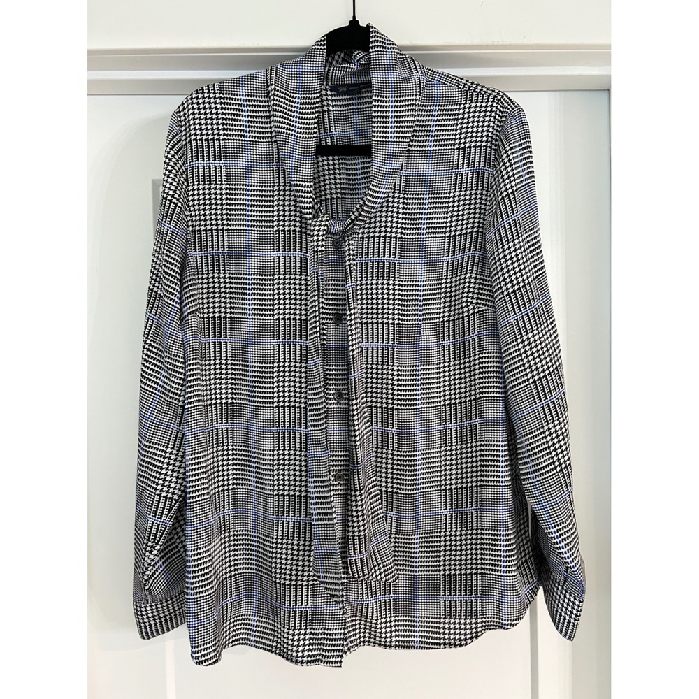 Brooks Brothers 346 Womens 16 Plaid Tie Neck Blouse Black White Blue Houndstooth